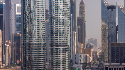 Fototapeta na wymiar Dubai International Financial district aerial morning timelapse