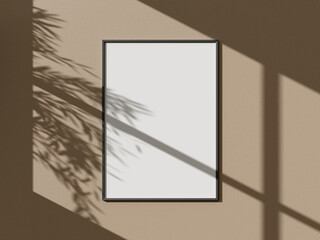 Minimal black vertical picture poster frame mockup on wall leaf shadow