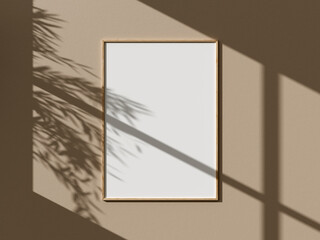 Minimal wooden vertical picture poster frame mockup on wall leaf shadow