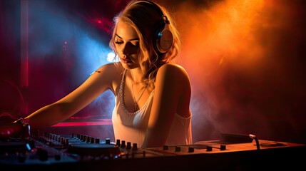 Fototapeta na wymiar happy dj girl with blonde hair using dj mixer in nightclub with smoke