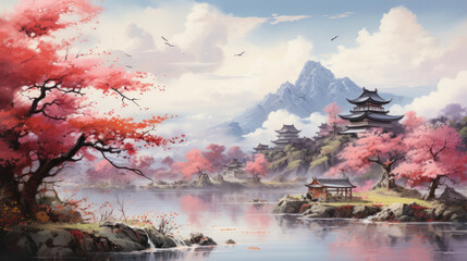 Serene Elegance Japanese Watercolor Art of Old Japanese Landscapes