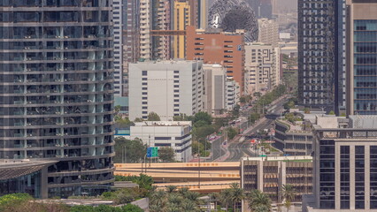 Dubai International Financial district aerial timelapse with road traffic