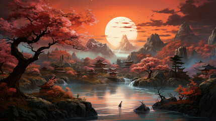 Serene Elegance Japanese Watercolor Art of Old Japanese Landscapes