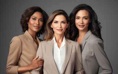 Closeup of 3 multi-ethnic businesswomen looking confident over a grey solid background. Generative AI