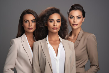 Closeup of 3 multi-ethnic businesswomen looking confident over a grey solid background. Generative AI