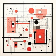 The abstract painting features red and black circles, lines, shapes, and a central black and white rectangle on a white background. (Generative AI)