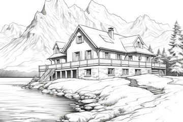 There is a lakeside house nestled among mountains. (Generative AI)