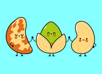 Cute, funny happy Brazilian nut, pistachio and cashews nut