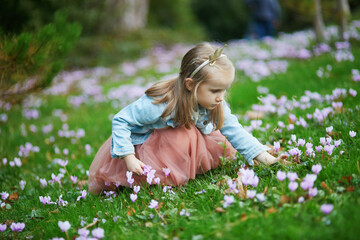 Cute preschooler girl in princess crown sitting in the grass and gathering flowers