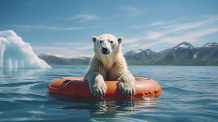 Polar bear floating on lifebuoy surrounded by melting snow, perfect for global warming and climate change awareness theme