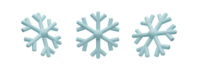 3d render set of snowflakes. Meteorology realistic element. Vector symbol of cold, frost. Design element for winter season. Hegagon shape crystal in clay, plastic style