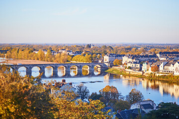 Scenic view of the Loire river with Cessart bridge in Saumur, Maine-et-Loire department, France