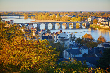 Scenic view of the Loire river with Cessart bridge in Saumur, Maine-et-Loire department, France