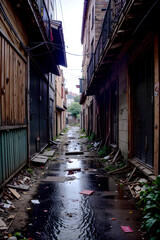Fototapeta na wymiar Realistic photo of abandoned alley with debris rubbish on the street