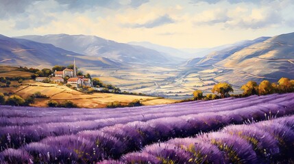 Fototapeta na wymiar a painting of a lavender field with a house in the distance. generative ai