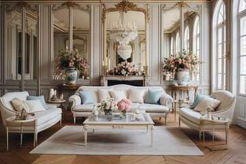 Fototapeta na wymiar A Parisian-inspired vintage living room with vintage French furniture, ornate mirrors, and a crystal chandelier Generative AI