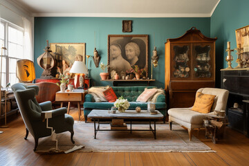An eclectic vintage living room with a diverse collection of vintage furniture, eclectic artwork, and unique decor pieces Generative AI