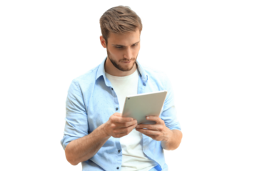 Businessman using his tablet on a transparent background
