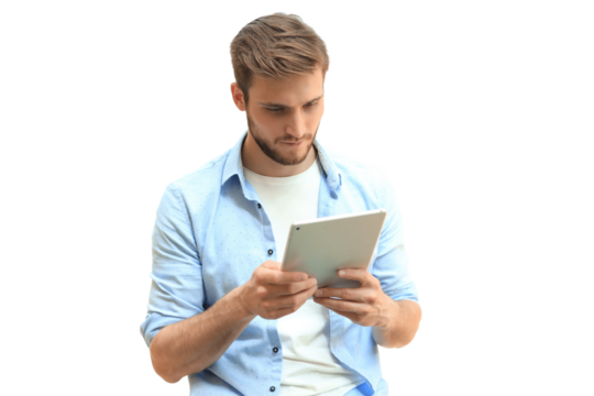 Businessman using his tablet on a transparent background