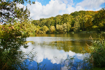 Beautiful lake surrounded by forest on a nice and sunny autumn day