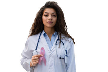 Doctor holding pink breast cancer awareness ribbon on a transparent background. Medicine and...