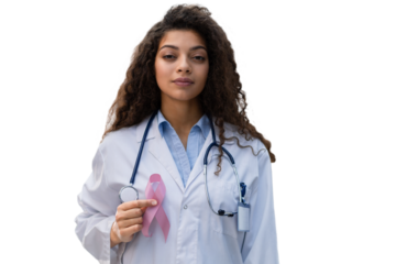 Doctor holding pink breast cancer awareness ribbon on a transparent background. Medicine and healthcare concept, women's health