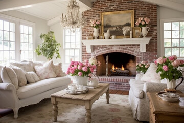 A cottage-inspired vintage living room with vintage floral prints, a vintage chandelier, and a whitewashed brick fireplace Generative AI