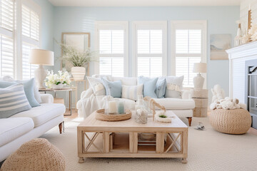 A coastal vintage living room design with a faded beachy color palette, weathered wood accents, and nautical decor Generative AI
