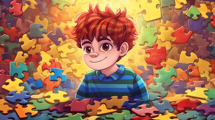 Autistic child with puzzles, public awareness for autism spectrum disorder. Generative AI