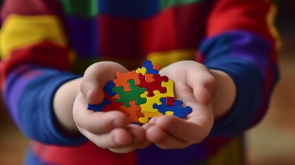 Autistic Pride Day, A child holding a colorful puzzle in his hand. Generative AI