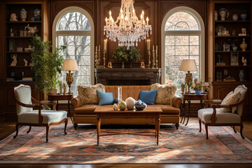 Fototapeta na wymiar An elegant vintage living room featuring a chandelier, vintage Persian rug, and ornate wooden furniture pieces Generative AI
