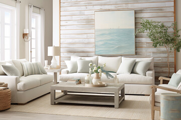 A coastal farmhouse living room featuring distressed wood furniture and beachy wall signs Generative AI