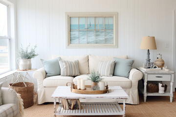 A coastal cottage-inspired living room with white beadboard walls and a mix of vintage coastal decor Generative AI