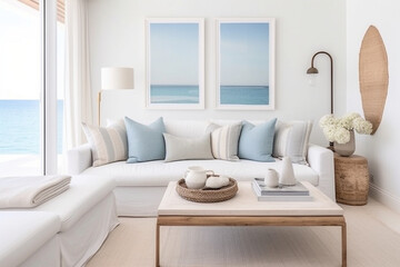 Fototapeta na wymiar A minimalist coastal living room with a white sofa and pastel blue accent pillows, exuding tranquility Generative AI