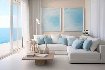 A minimalist coastal living room with a white sofa and pastel blue accent pillows, exuding tranquility Generative AI