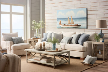 A coastal-inspired living room with a shiplap accent wall, displaying a collection of vintage beach finds Generative AI