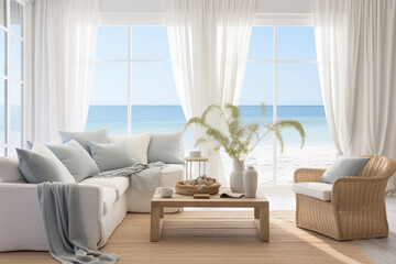 A breezy living room featuring floor-to-ceiling curtains in sheer white fabric, enhancing the coastal ambiance Generative AI