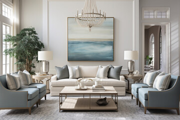 An elegant coastal living room with a centerpiece coral-inspired chandelier, evoking the beauty of the sea Generative AI