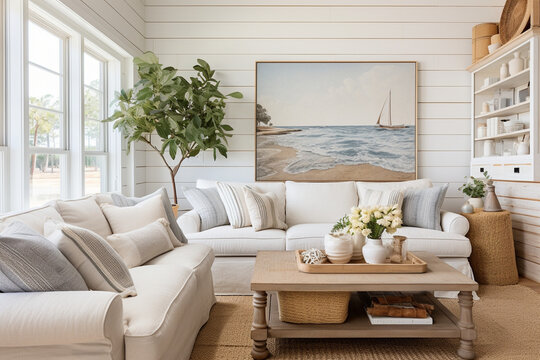 A coastal-inspired living room with a shiplap accent wall, displaying a collection of vintage beach finds Generative AI