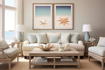 Fototapeta na wymiar A coastal-inspired living room with sandy beige walls, adorned with seashell decor and framed beach artwork Generative AI