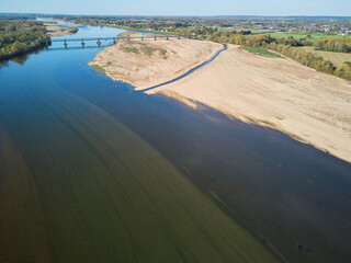 Aerial drone view of Loire river near Saumur, Maine-et-Loire department, Western France