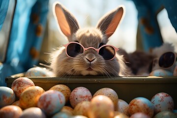 Fototapeta na wymiar Adorable Easter Bunny Wearing Sunglasses Peeking Out. Generative AI