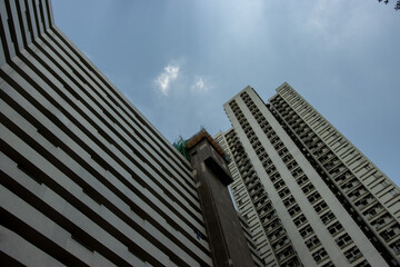 Photos of various different buildings taken from the ground, looking upwards.
