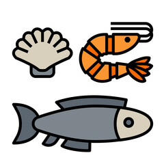 Seafood icon lineal color. Shrimp, fish and shell vector image.