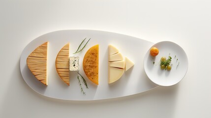  a white plate topped with different types of cheeses and fruit.  generative ai