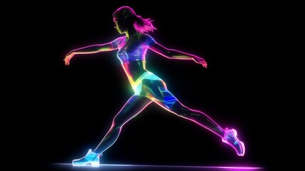 Figure ice skating female silhouette neon glowing, impetuous neon girl shape ice skating. Generative AI - obrazy, fototapety, plakaty