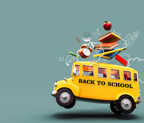 Back to school banner. Funny School bus with books and accessory on turquoise blue background with...