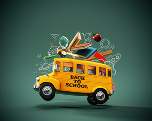 Back to school banner. Funny School bus with books and accessory on green background. 3D Rendering, 3D Illustration - obrazy, fototapety, plakaty