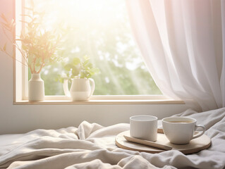 Fototapeta na wymiar morning coffee in bed. generative ai