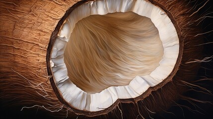  a close up of a coconut shell with hair inside of it.  generative ai